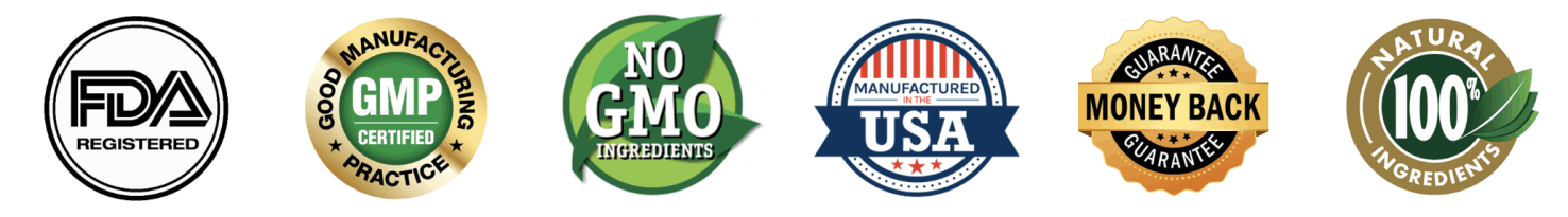 Vigor Peak FDA registered GMP certified non-GMO third-party tested quality badges